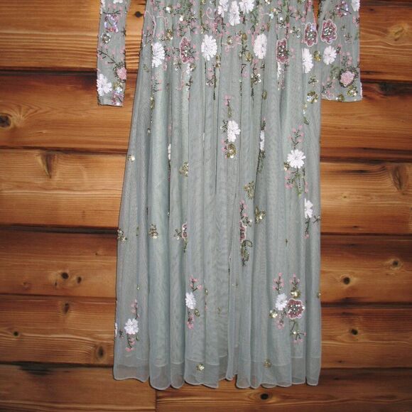 MAC DUGGAL 5716 Green Sequined Floral Long Sleeve High Neck Midi Dress - Picture 9 of 15